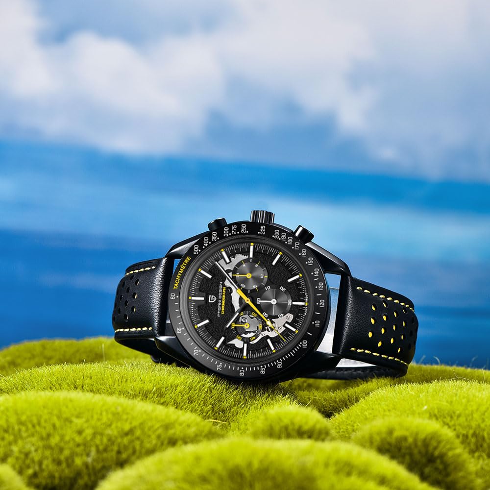 TYBERLEY Pagani Design 1779 Luxury Men's Quartz Watch Moon Chronograph Skeleton AR Synthetic Sapphire VK63 Movement Leather Strap Waterproof Sports Watch Full Black