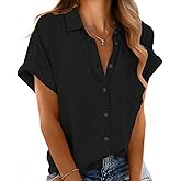 Mintreus Button Down Short Sleeve Shirts for Women V Neck Loose Roll Up Collared Shirt Casual Summer Tops with Pockets