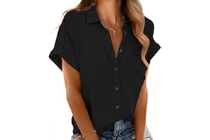OLRIK Womens Button Up Shirt V Neck Roll Up Short Sleeve Blouse Loose Collared Shirt Casual Summer Beach Tops