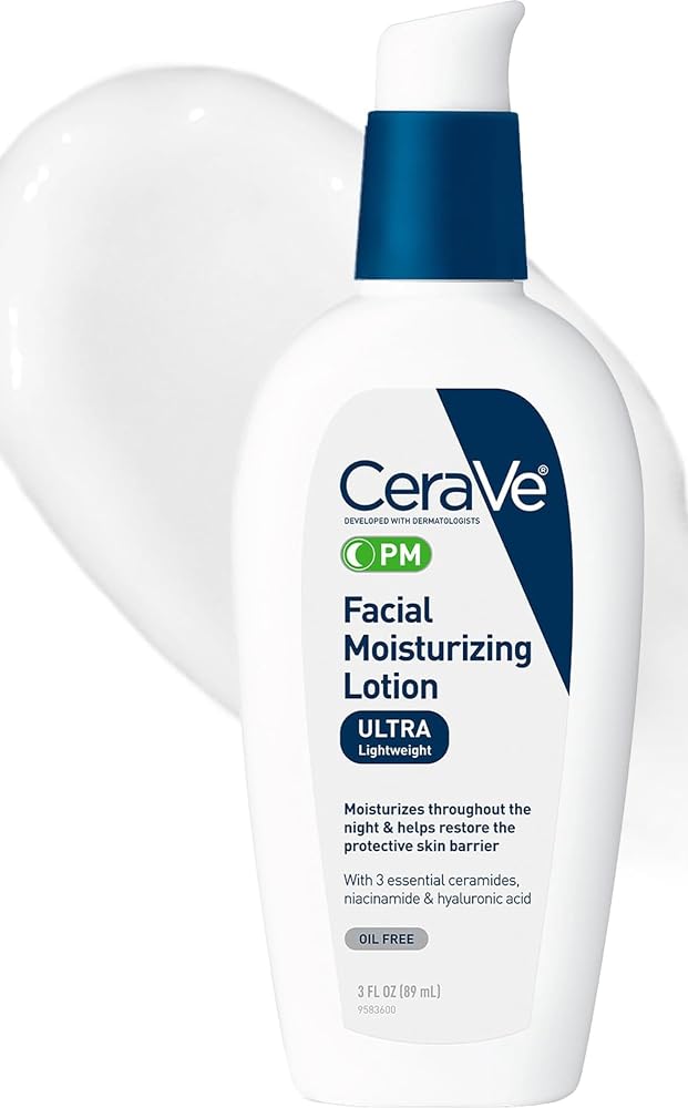 CeraVe PM Facial Moisturizing Lotion, Skin Care for Dry Skin, Oil-Free, 3oz | Travel Sized Face Lotion with Hyaluronic Acid,