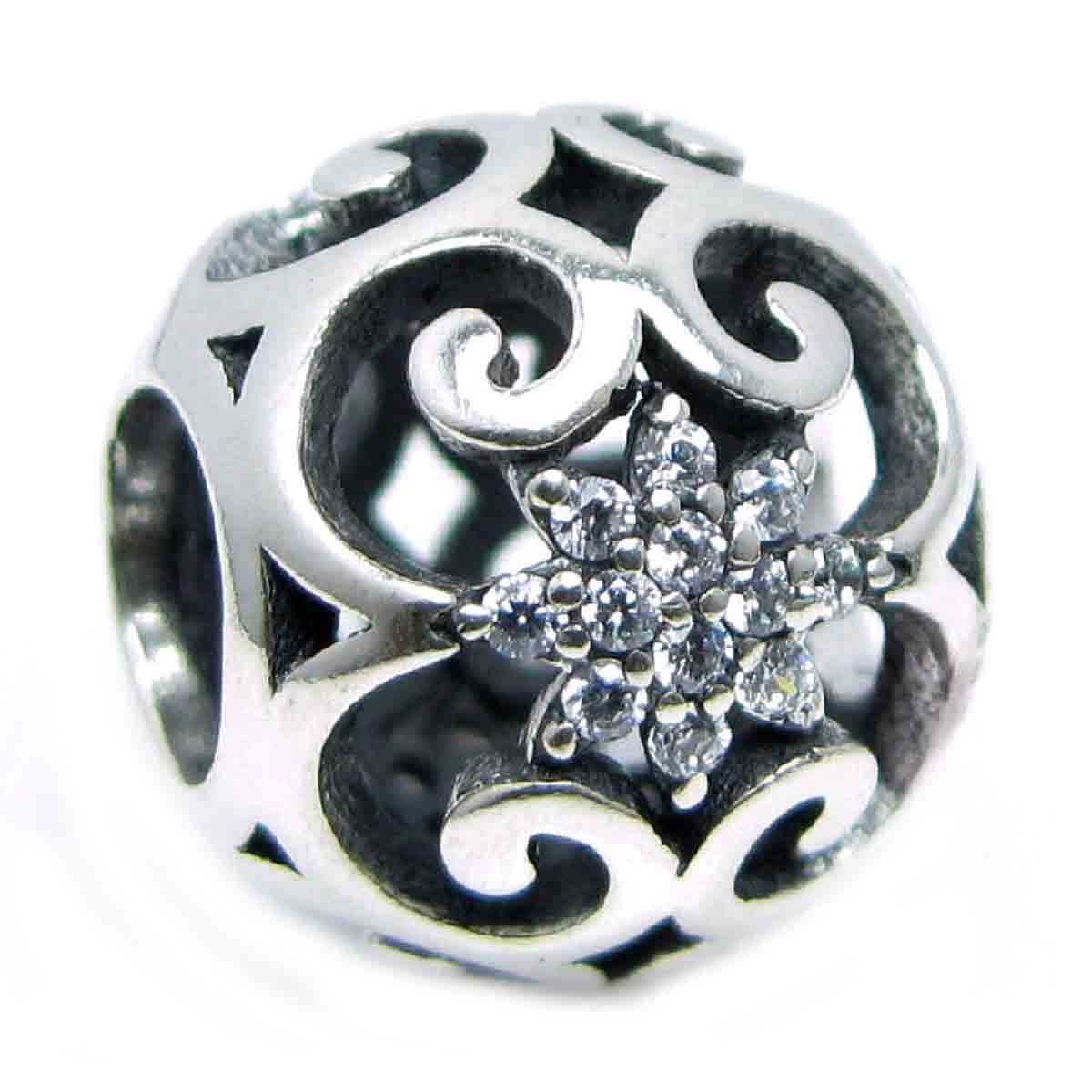 Queenberry Sterling Silver Ethnic Filigree Flower Cubic Zirconia European Style Bead Charm