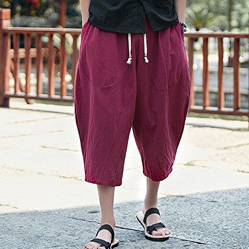 LISTHA Loose Baggy Harem Pants Men's Casual Sports Calf-Length Linen Trousers Wine Red