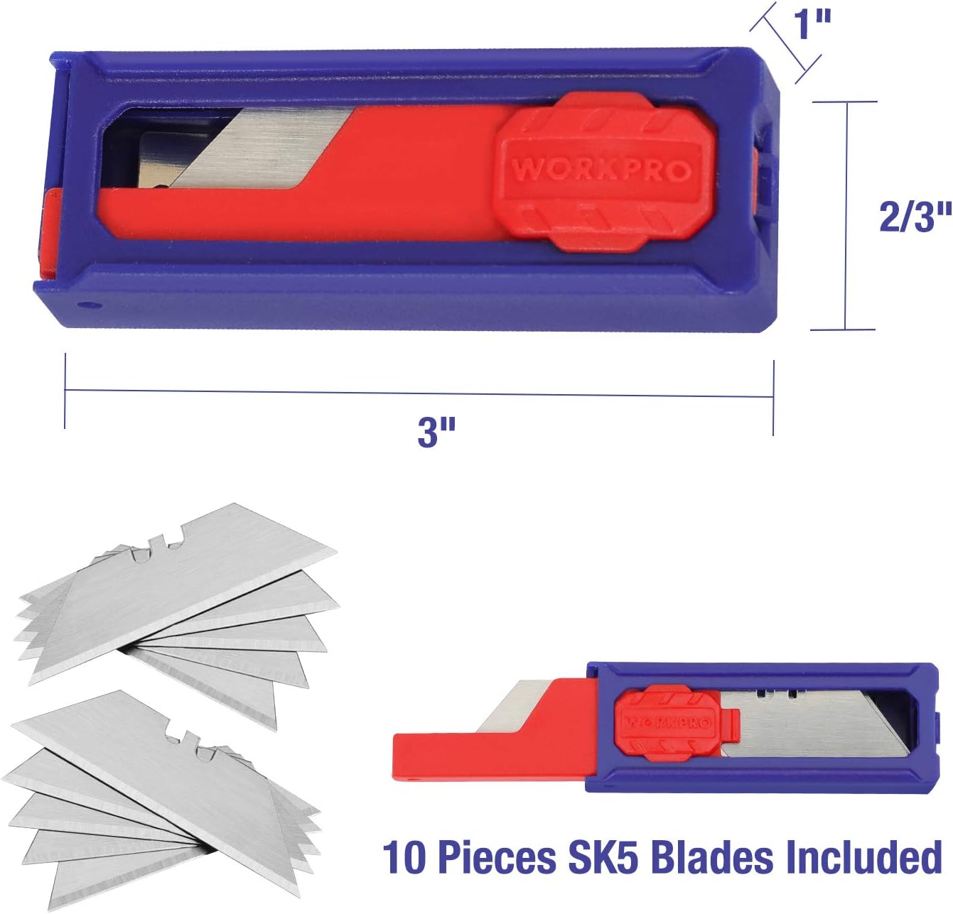 WORKPRO Folding Utility Knife Quick-change Box Cutter, 15 Blades Included, 5 Blades in Handle and 10 Extra Blades in Small Box, SK5 Blades, 1-Pack - - 
