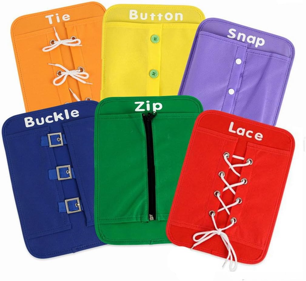 Goodbag Early Learning Fine Motor Dressing Board for Kids Toddlers-Zip, Snap, Button, Buckle, Lace & Tie, 6 Pcs