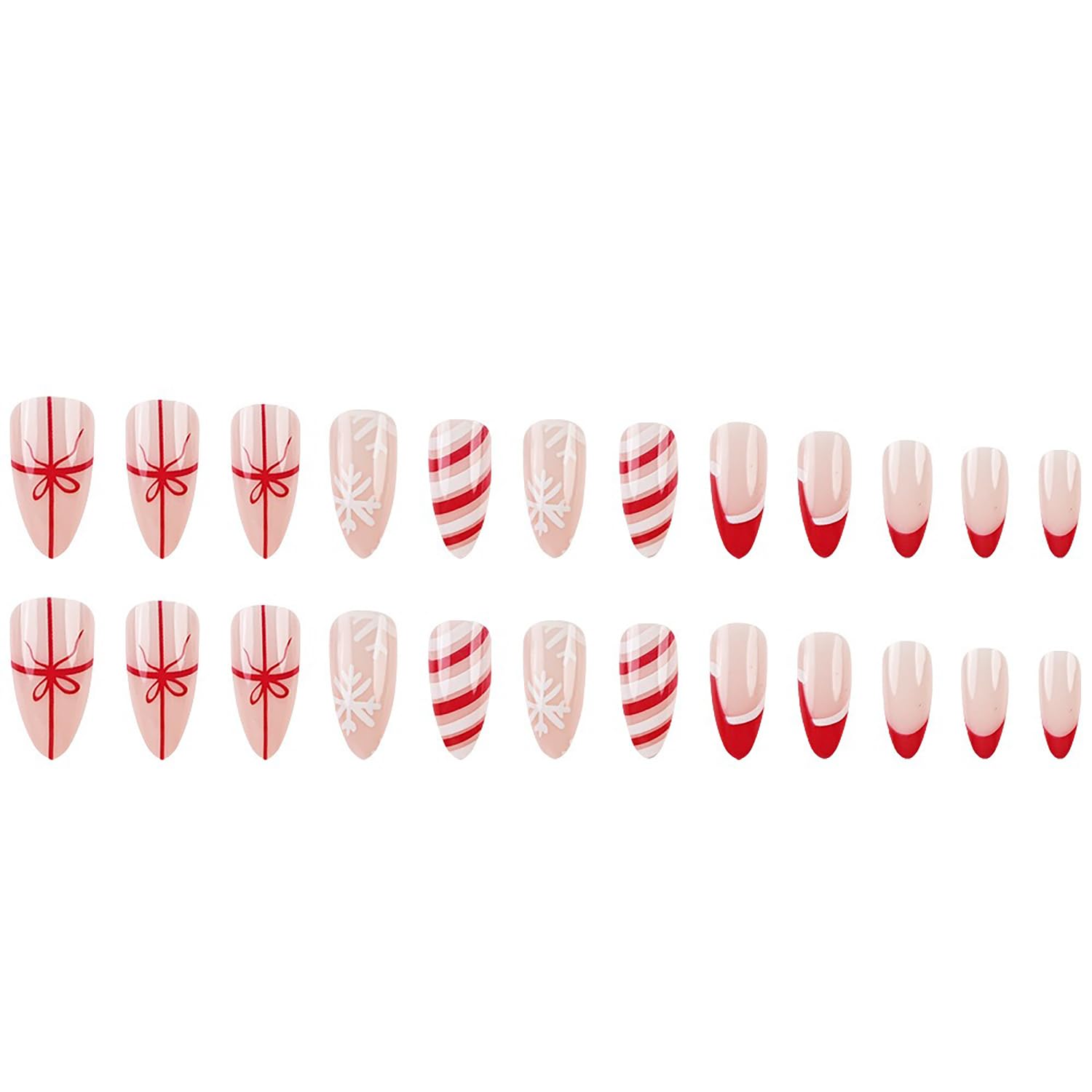 Christmas Press on Nails Medium Almond MABKJLF Red French Tip Fake Nails False Nails with Designs Cute Christmas Hat Snowflake Bow Glossy Glue on Nails for Women Girls 24 Pcs - Image 7