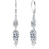 ALEXCRAFT Sterling Silver Long Teardrop Dangle Earrings for Women Hypoallergenic Cubic Zirconia Drop Leverback Earrings Trendy CZ 2-Stone Long Crystal Teardrop Dangle Earings for Jewelry Gifts