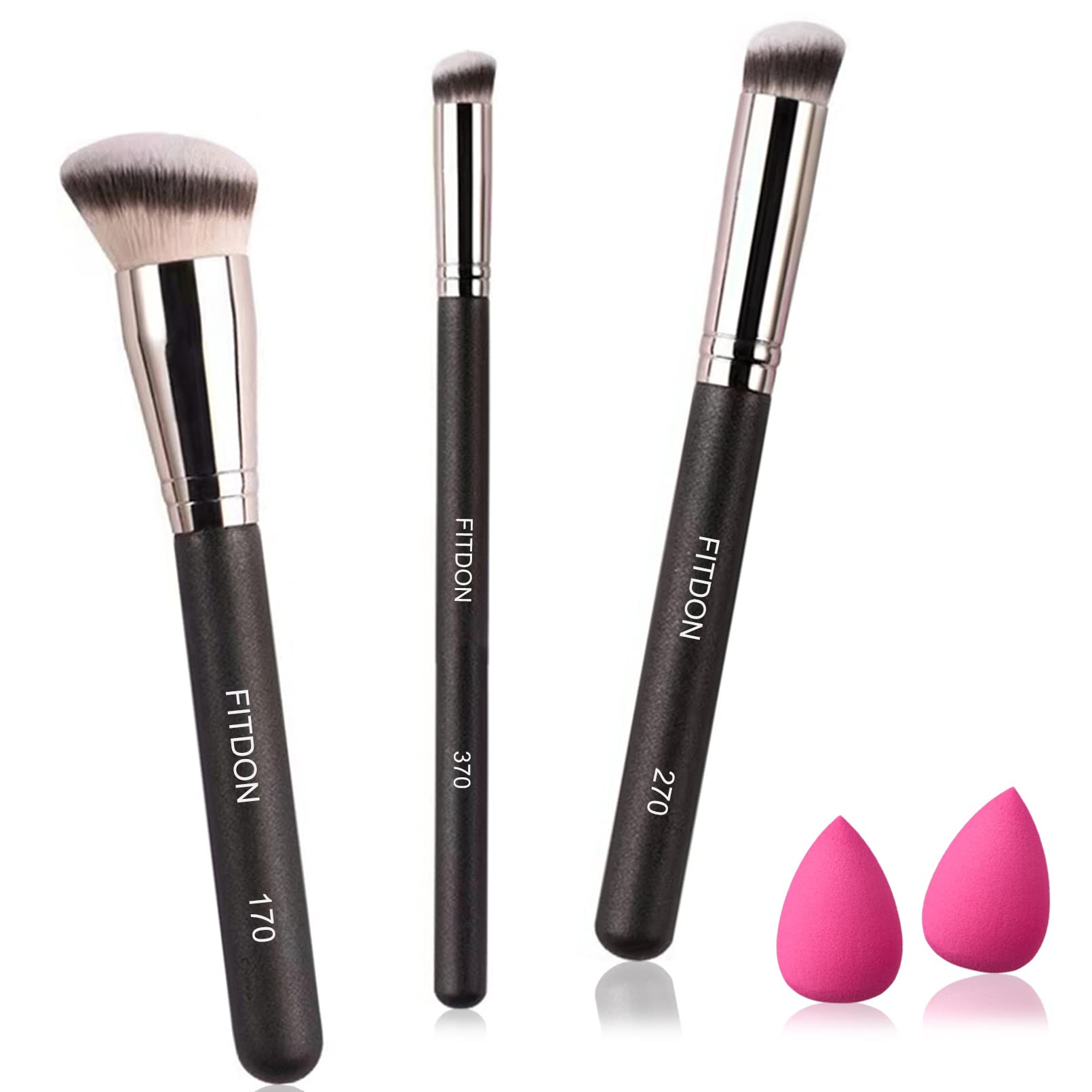 FITDON 3PCS Foundation Concealer Brushes & 2PCS Mini Makeup Sponge Blender, Flawless for Blending Liquid Cream and Powder, Buffing, Stippling