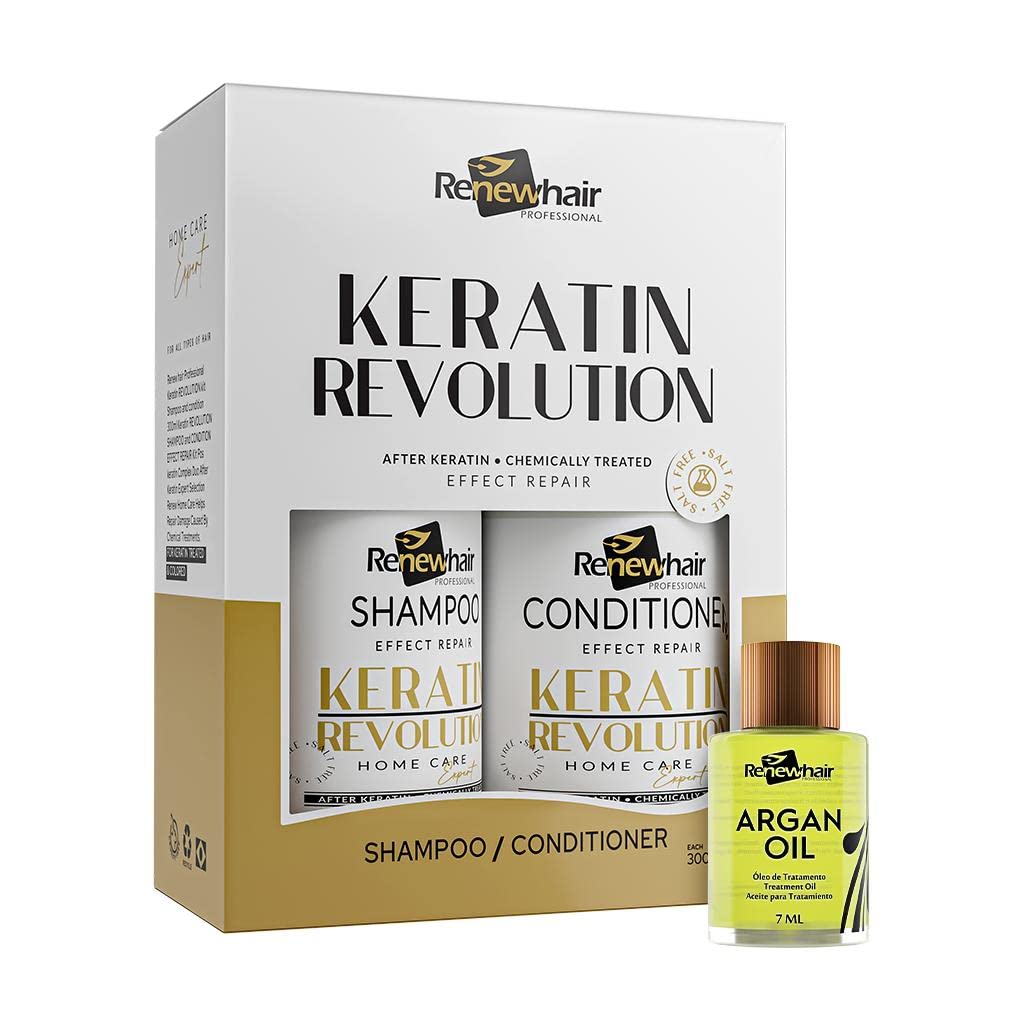 Renew Hair Professional Pos Shampoo and Condition Salt Free Keratin revolution Expert vegan 2X 300ml kit +argan oil 7ml