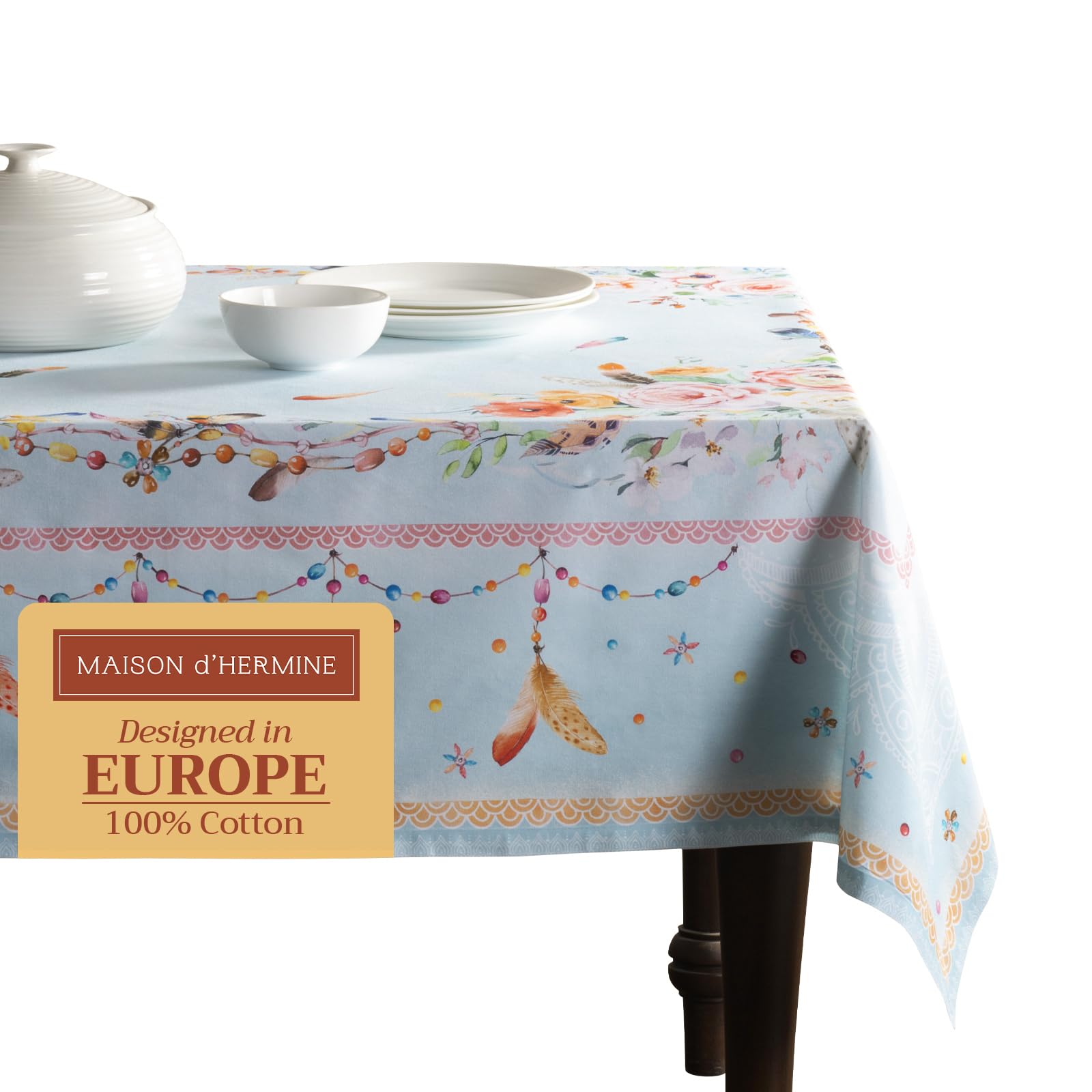 Maison d' Hermine Table Cloth Rectangle Table 100% Cotton 180 cm x 140 cm Tablecloth Reusable Everyday Use for Dining Farmhouse Home Party Festive Gifts for Mothers Day (Ibiza - Blue)