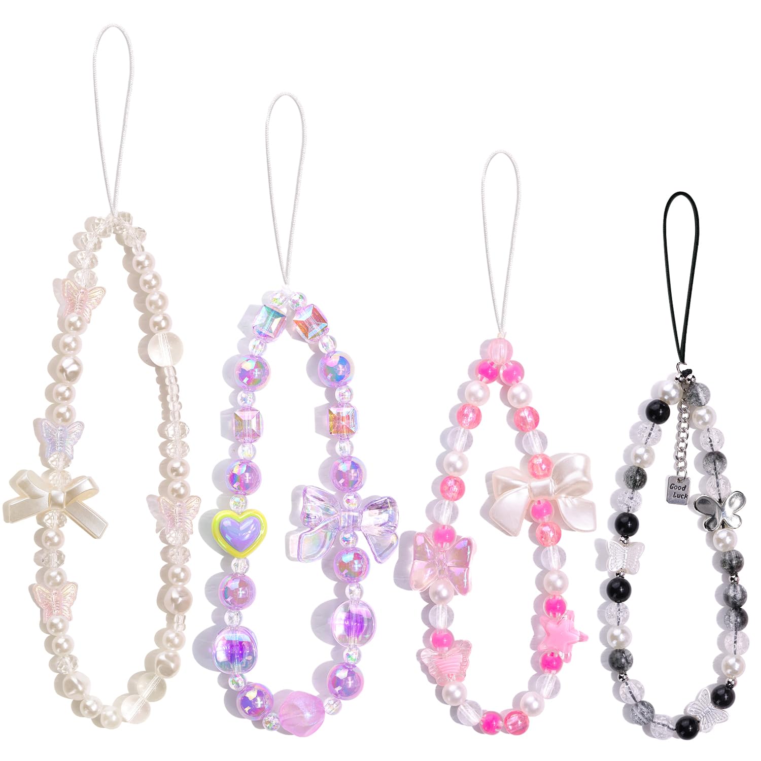 Photo 1 of 4 PCS Cute Phone Charms Aesthetic Y2K Cellphone Wrist Strap Bedazzling Bow Butterfly Heart Star Pearl Accessories Beaded Anti-Theft Chain String for Bag Keychain Airpods Camera Pendants Decor