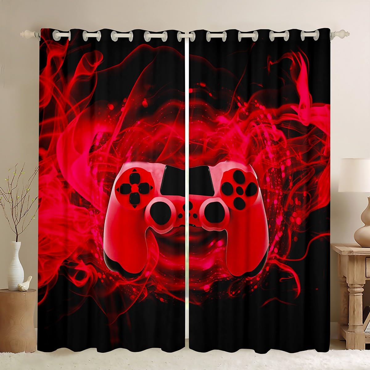 Games Curtain for Gaming Bedroom Living Room Gamer Room Curtains Kids Boys Video Game Gamepad Window Drapes Console Game Controller Curtain Red W46*L54