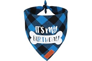 PTDECOR Dog Birthday Party Supplies, It’s My Birthday Scarf Blue Plaid Boy Pet Bandana for Medium Large Dogs (Blue, Large)