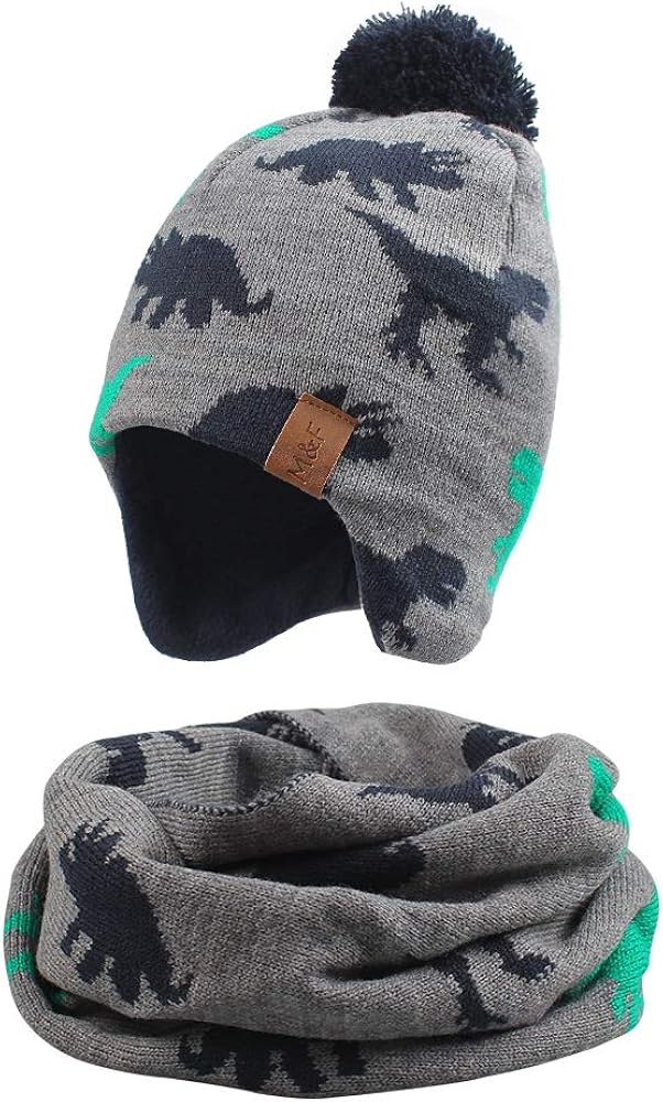 Knitted Baby Hat Scarf Set Winter Warm Boys Girls Beanie Fleece Lining Toddler Kids Hat with Pompom: Clothing