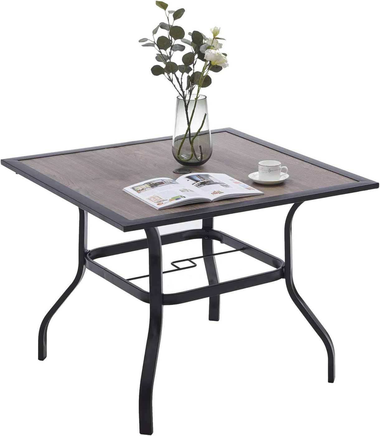 Patio Dining Table for 4, Outdoor Square Bistro Table with Umbrella Hole, Wrought Iron Metal Frame and Wood Grain Tabletop, Walnut