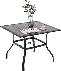 Patio Dining Table for 4, Outdoor Square Bistro Table with Umbrella Hole, Wrought Iron Metal Frame and Wood Grain Tabletop, Walnut