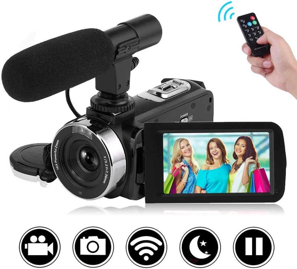 Camcorder Camera Full HD 1080P 30FPS Vlogging Camera with Remote Control Wi-Fi IR Night Vision 3” LCD Touch Screen Digital Video Camera with External Microphone