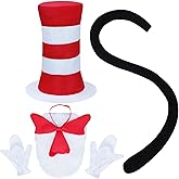 Mototo 1 Set Cat Hat in Costume Kit Red White Striped Top Hat with Furry Red Bow Tie White Gloves for Adult Scarecrow Cosplay Halloween Theme Party Book Character Day Dress Up