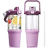 HYDRAGLAZIC Glass Tumbler with Carry Handle, Clear Glass Water Bottle with Leakproof Lid, Spout Lid&Straw, BPA-Free, 32 oz, Lilac