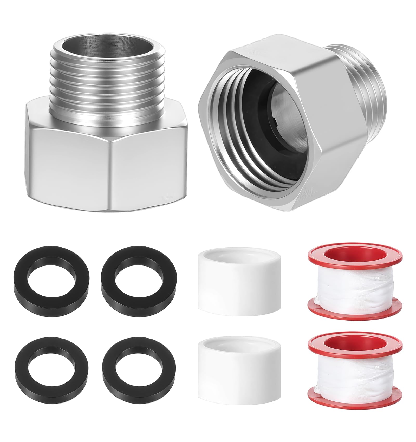 Photo 1 of 2Pcs Water Line Adapter, Stainless Steel 1/2 to 3/8 Adapter, Compression Fitting with Red PTFE Tape for Kitchen Bathroom