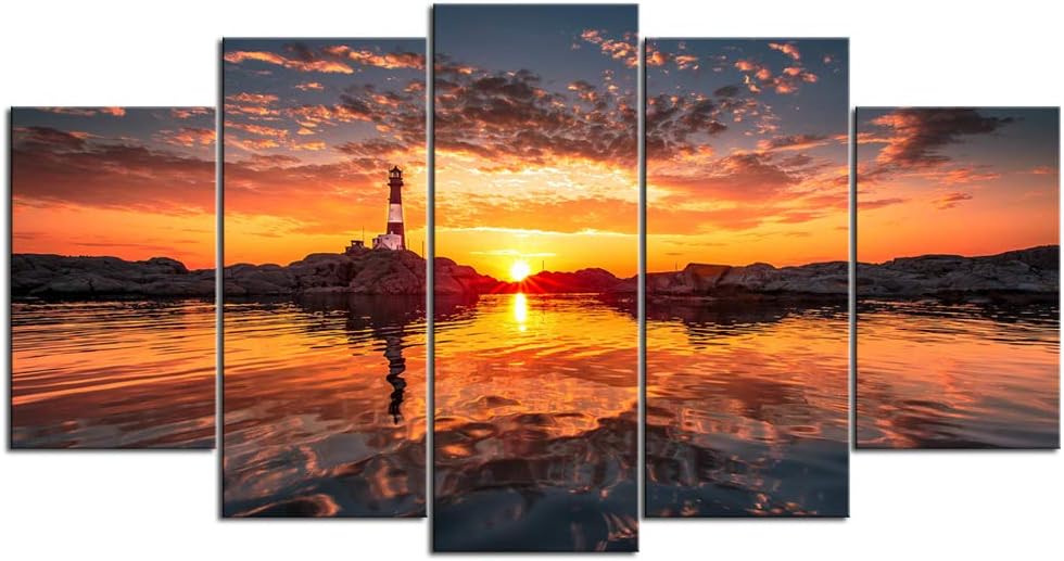 Nachic Wall Large 5 Piece Canvas Wall Art Lighthouse at Sunset Nature Scenic Pictures Printed on Canvas Contemporary Giclee Artwork Framed for Home Office Living Room Bedroom Decoration