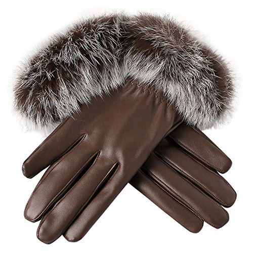 Women Lady Black Leather Gloves Autumn Winter Warm Rabbit Fur Mittens
