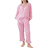 COZYPOIN Womens Plaid 2 Piece Pajamas Sets Cotton Gingham Puff Long Sleeve Cute Shirt Ruffle Pants Y2K Pjs Lounge Set