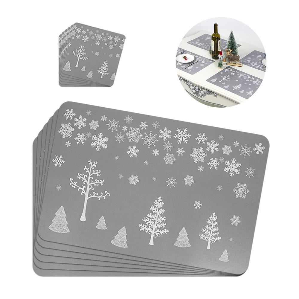 Lifreer Christmas Placemats Cushions Cup Coasters Christmas Tree Pattern Placemats Grey Table Mats Waterproof Non-slip Heat Resistant Placemats for Christmas Decoration 12pcs