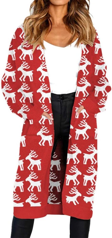 STORTO Women Christmas Knitted Cardigan，Reindeer Print Open Front Sweater Coat