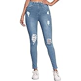 Metietila Women's Ripped Mid Waisted Stretch Jeans Distressed Skinny Denim Pants