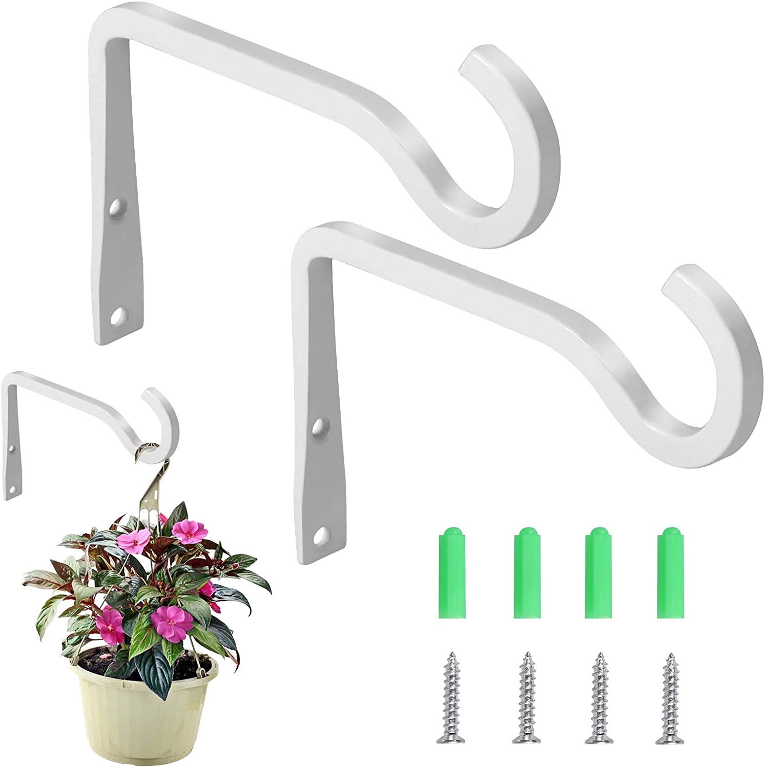 KSS 2 Pack Wall Hanging Basket Bracket, Wall Hanging Hooks Plant Basket Holder Hanger Hooks for Garden Lawn Light Flower Pots Bird Feeders Plants Lanterns Wind Chimes (White)