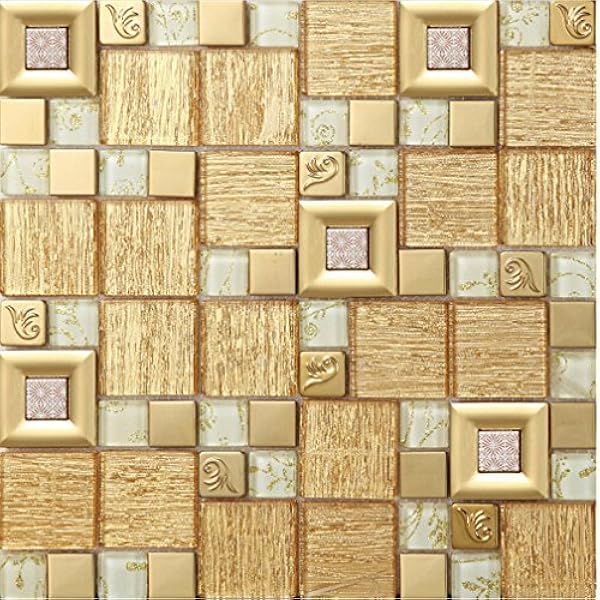 Gold Stainless Steel And Glass Wall Tile White Crystal Mosaic For Bathroom Or Kitchen Backsplash Box Of 11 Sheets Amazon Com