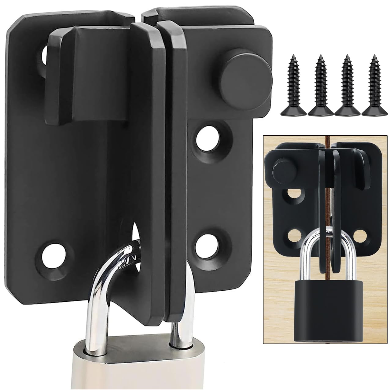 Litensh Stainless Steel Flip Gate Latch Door Bolt Lock with Padlock Hasp, Security Door Latch for Shed, Cabinet, Barn, Pet Cage & Sliding Door, Right Open Black Size L