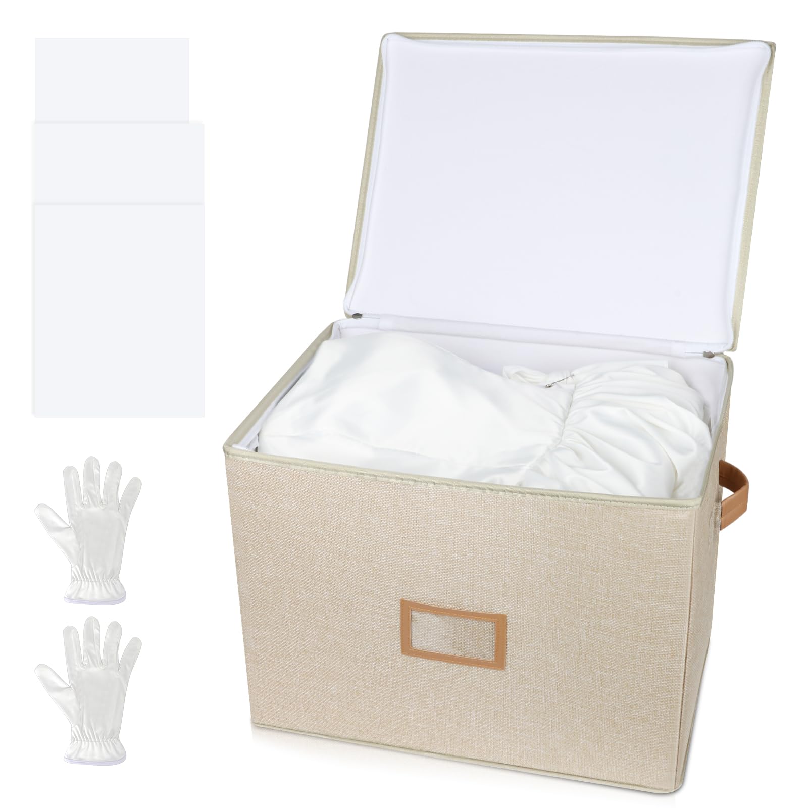 Photo 1 of Lukeline Wedding Dress Storage Box, Wedding Dress Preservation Box with Lid, Foldable Acid-Free Organizer with 1 Pair of Microfiber Gloves and 20 Sheets of Acid-Free Paper (1, Medium)