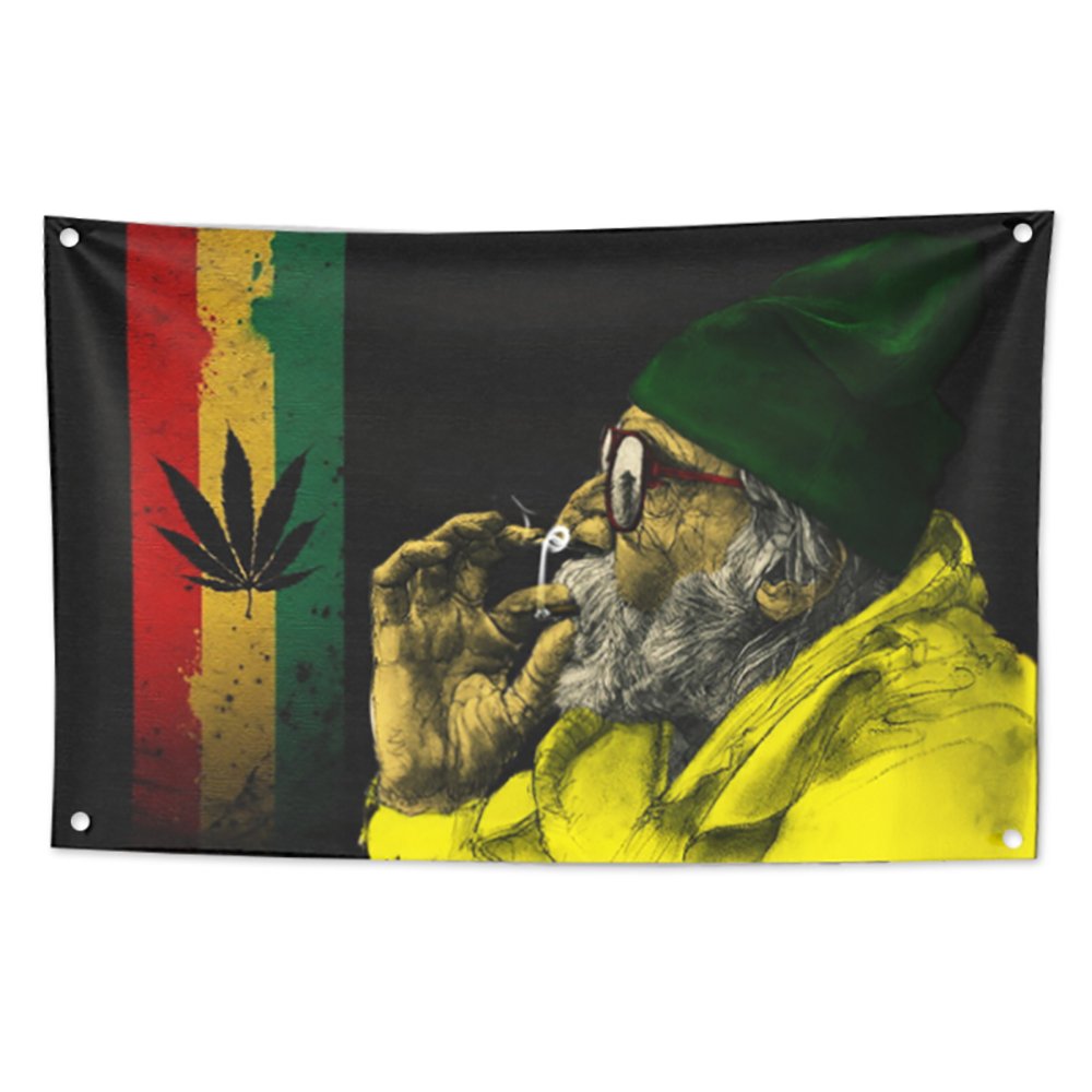 KINO Homie Jamaica Reggae Style Leaf and Old Man Decorative Tapestry Rasta Flag Bar Club Tattoo Shop Banner Wall Hanging Fabric Art Poster
