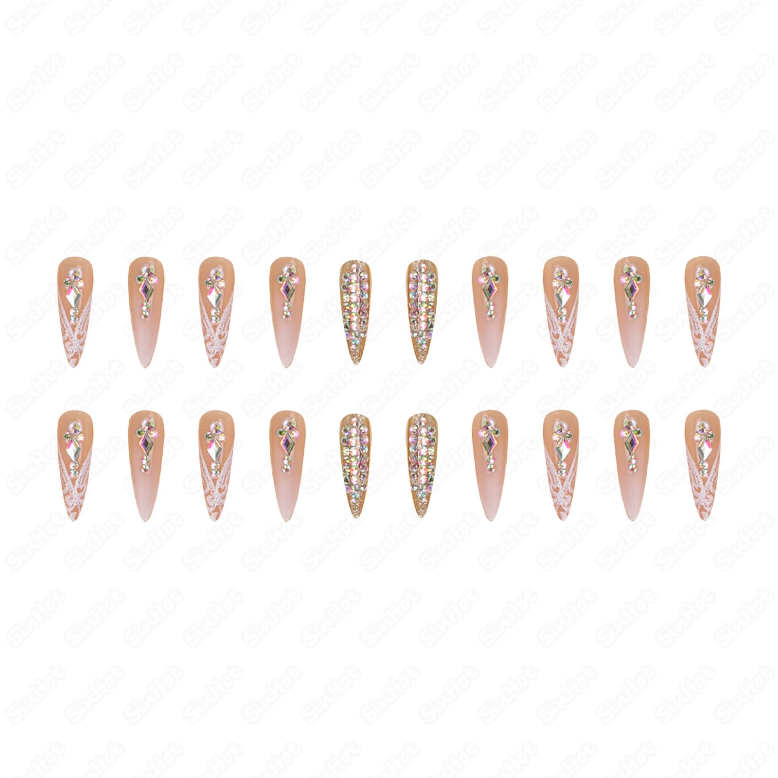 SINHOT Stiletto Press on Nails Long Fake Nails Glossy Glue on Nails Luxury Rhinestones Acrylic Nails White Bling Glitter Almond Artificial Nails Stick on False Nails with Design 24pcs - Image 6