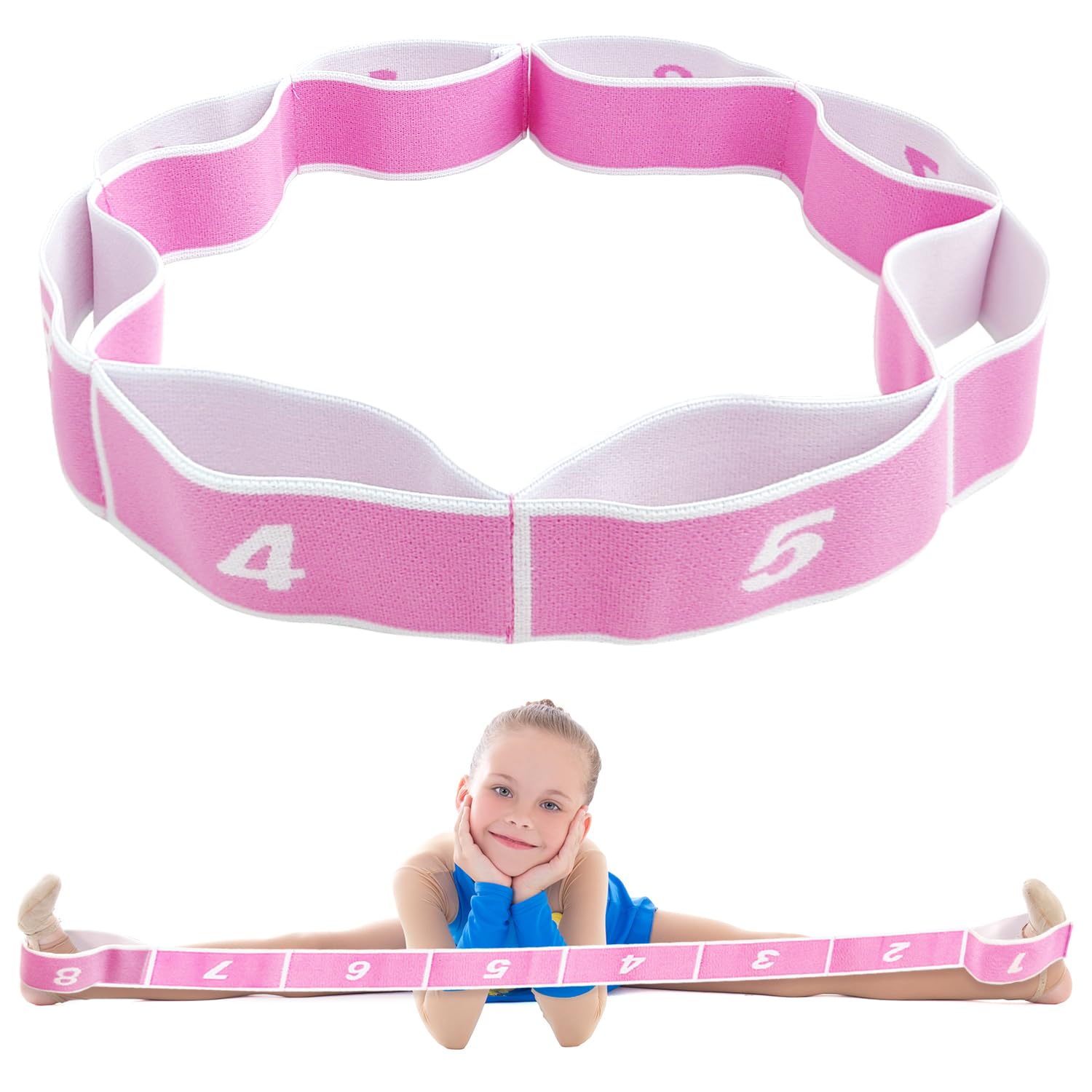 Stretch Strap, Kids Stretch Strap Stretch Assist Strap With 8 Loops Exercise Trainer Bands Latin Dance Resistance Bands for Kids Dancers Pilates Yoga Fitness Training (Pink)