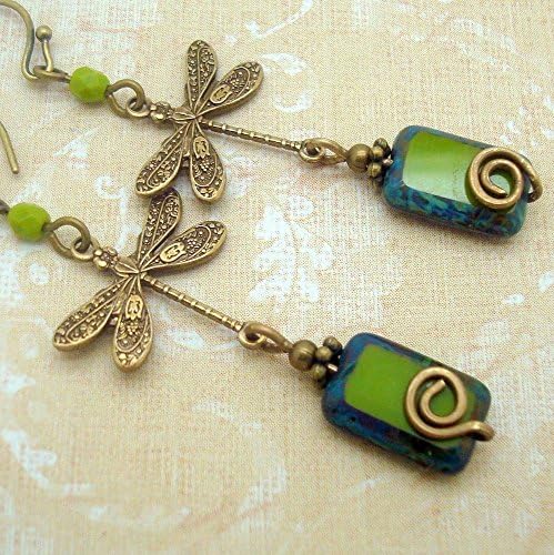 Boho Dragonfly Earrings in Olive Green and Brass