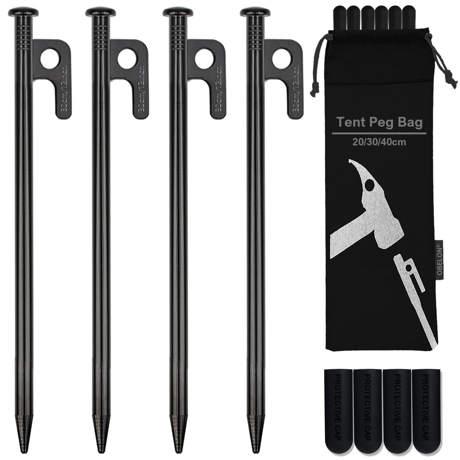 OBELON 4 Pack Heavy Duty Metal Tent Pegs - 30cm Steel Camping Stakes for Hard Ground, Awnings & Outdoor Use - Includes Storage Case & Rubber Covers - Strong Ground Anchors (Black)