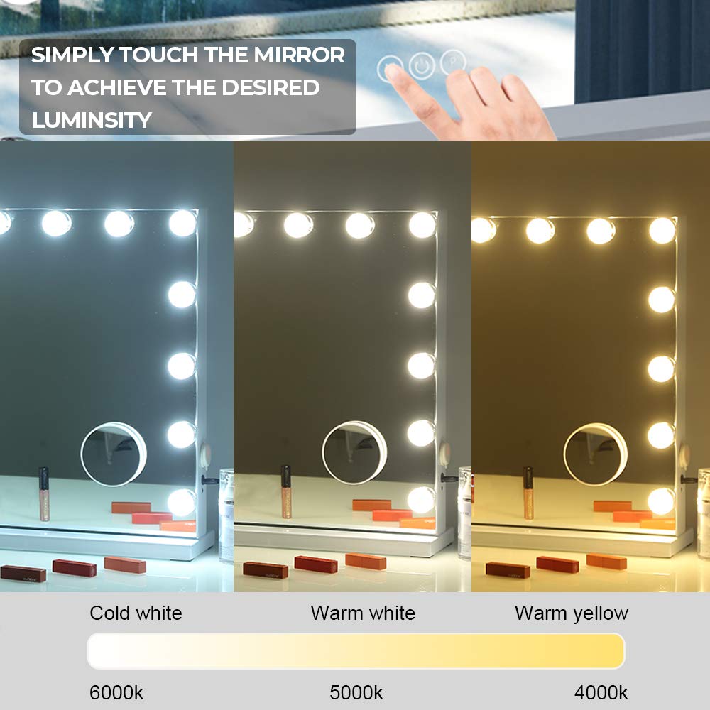FENCHILIN Large Vanity Mirror with Lights, Hollywood Lighted Makeup Mirror with 15 Dimmable LED Bulbs for Dressing Room & Bedroom, Tabletop or Wall-Mounted, Slim Metal Frame Design, White : Beauty