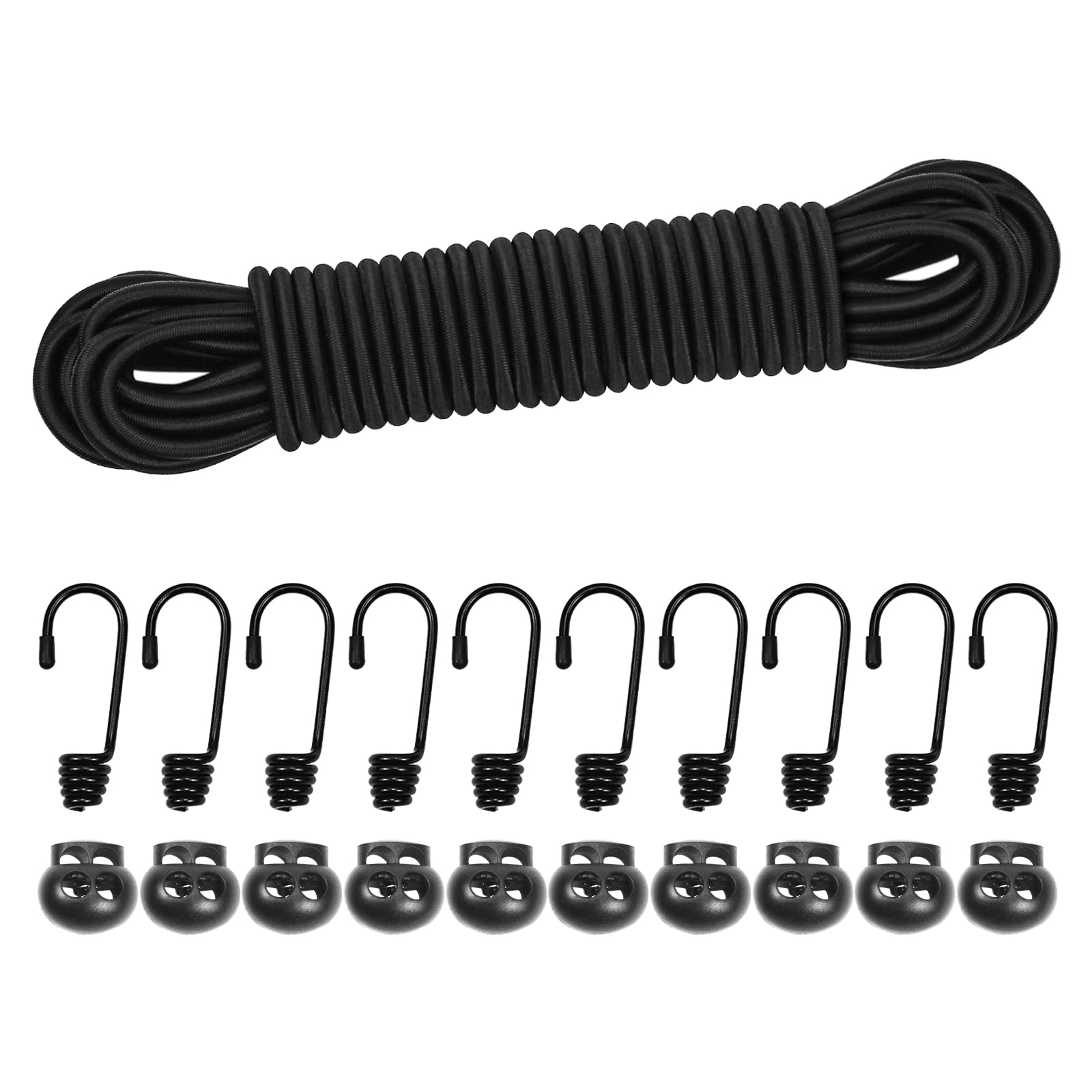 Dondeen Elastic Cord, Shock Cord Heavy Duty Elasticated Shock Cord Black Bungee Cords with Hooks and Spring Cord Lock for Caravan Cargo Craft Rack (5mm x 10M, Black) — image 1