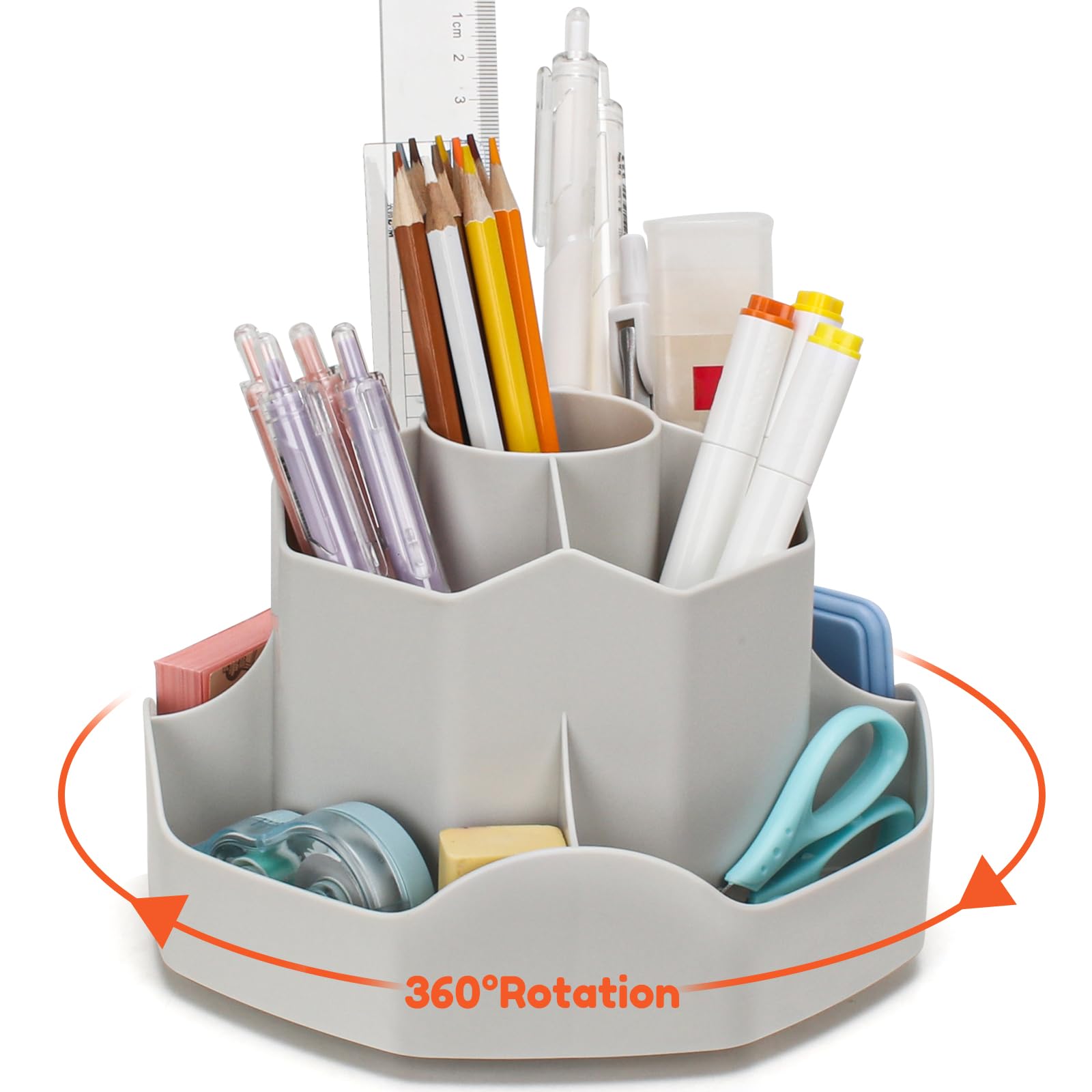 Euqvunn Rotating Pencil Pen Holder for Desk, Pen Pot Desk Organiser with 9 Independents, 360° Makeup Organiser Space-Saving Pencil Pot for Kids, Modern School Office Supplies Keep Desk Tidy (Grey)