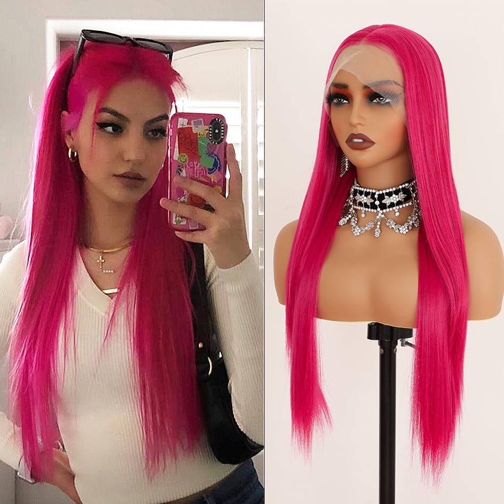 Photo 1 of Oxeely Pink Lace Front Wig Long Straight Hot Pink Wig 180% Density Pre Plucked Wig Natural Hairline Glueless Heat Resistant Fiber Hair Synthetic Lace Front Wigs For Fashion Women