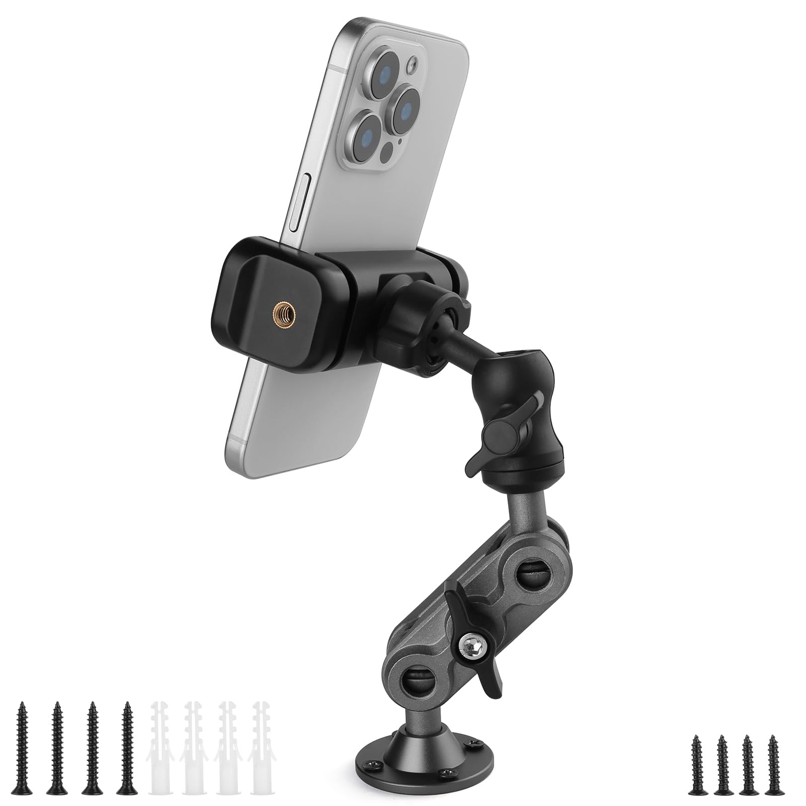 Wall Mount Phone Holder Drilling Base Heavy Duty iPhone Stand,360° Adjustable 2-Stage Arms Mount for Wall/Desk/Car/Truck/Van Dashboard,Compatible with 3.5~7.5" iPhone/HTC/LG/Nexus/Huawei Smartphone