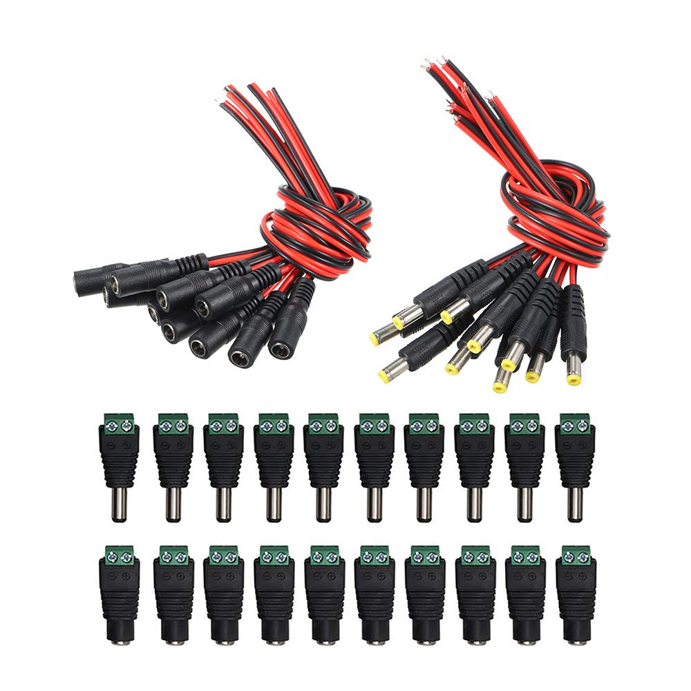 YIXISI 20 Pairs DC Power Pigtail Cable (18AWG Pure copper wire), 12V 5A Male & Female Connectors Power Adapter Connectors for Home Security Surveillance Camera and Party Lighting
