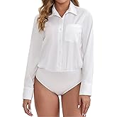 MISMI Womens Bodysuit Blouse Button Down One-Piece Long Sleeve Solid Office Work Shirt Casual Tops