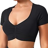 TAYOEA Crop Tops Workout for Women Yoga Short Sleeve Shirts Seamless V-Neck Gym T Shirts with Built in Pads