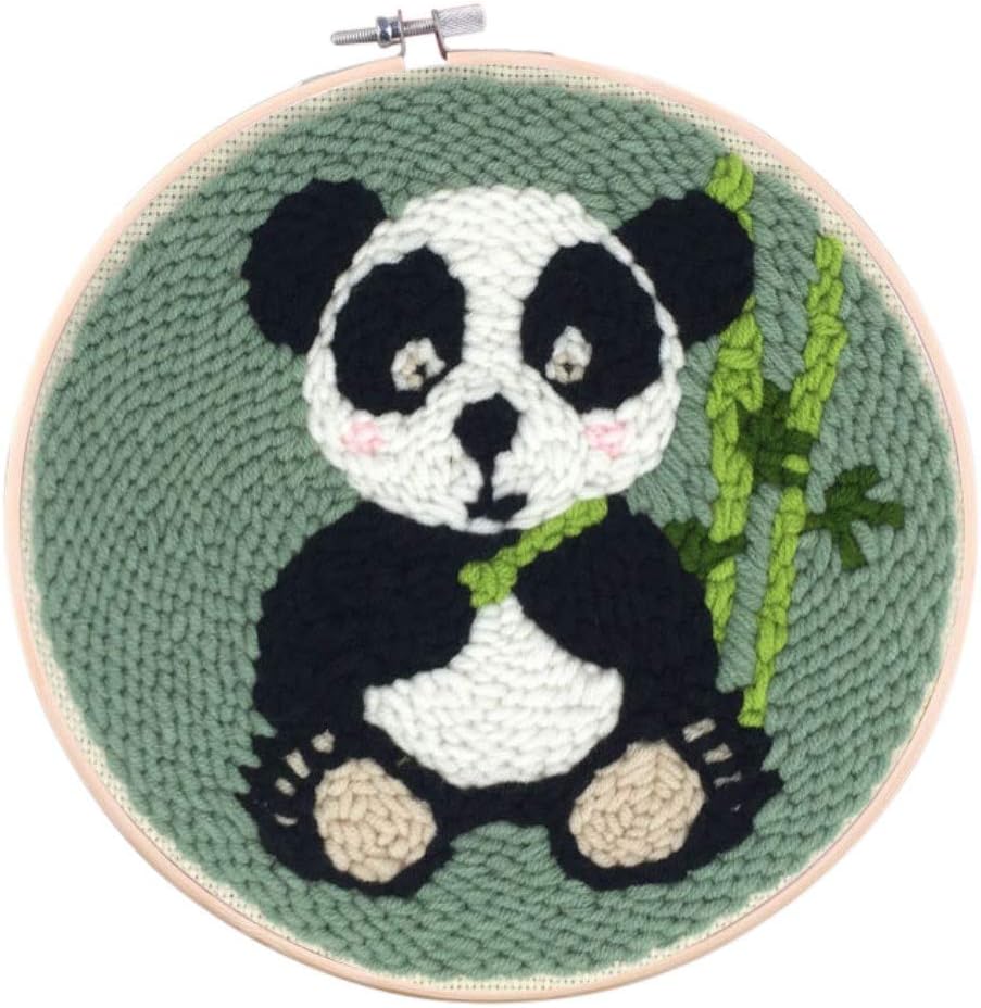 Wongfon DIY Punch Needle Embroidery Starter Kit with Frame for Kids Beginners, Latch Hook Craft Kits - Giant Panda Eating Bamboo