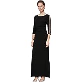 S.L. Fashions Womens Long Length Ruched Waist Formal Evening Dress with Beaded Illusion Sleeves (Petite and Regular Sizes)