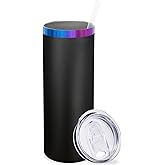 Metalya 20 oz Skinny Tumblers Bulk, Stainless Steel Insulated Tumbler with Lids and Straws, Slim Double Wall Powder Coated Travel Coffee Mugs, Reusable Cup for Hot and Cold Drinks (Black,1 pack)