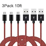 AOFU Micro USB Cable,3 Pack 10FT Long Nylon Braided High Speed 2.0 USB to Micro-USB Charging Cables Android Fast Charger Cord for Samsung Galaxy S7 Edge/S6/S4, Note 5/4,(Black Red)